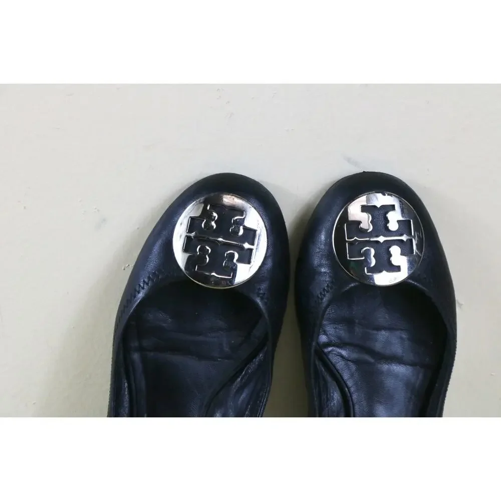 Tory Burch Shoes Women 7 Black Leather Gold Logo Reva Ballet Flats
